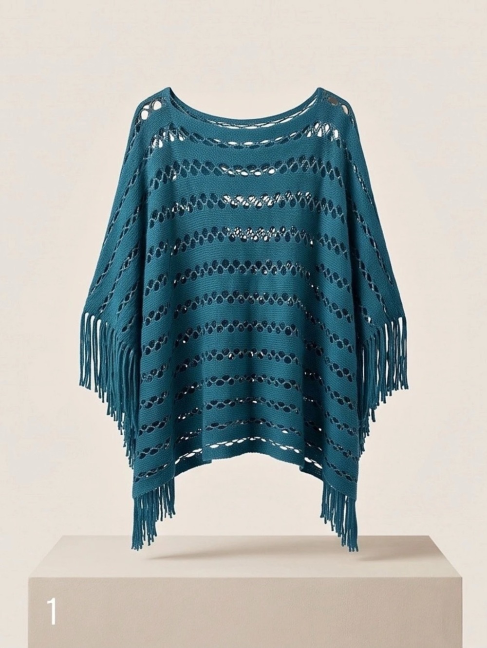Open Knit Fringe Poncho in Blue Like New with gold threading throughout